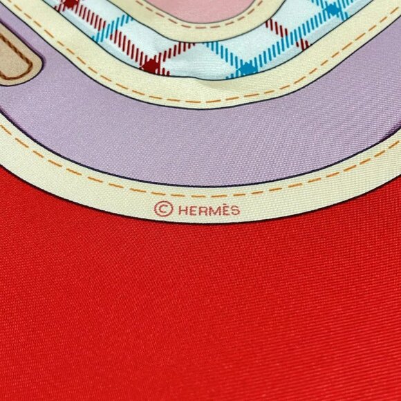 Auth HERMES Carre 90 - Cream Red Light Blue Silk Scarf - Picture 3 of 5